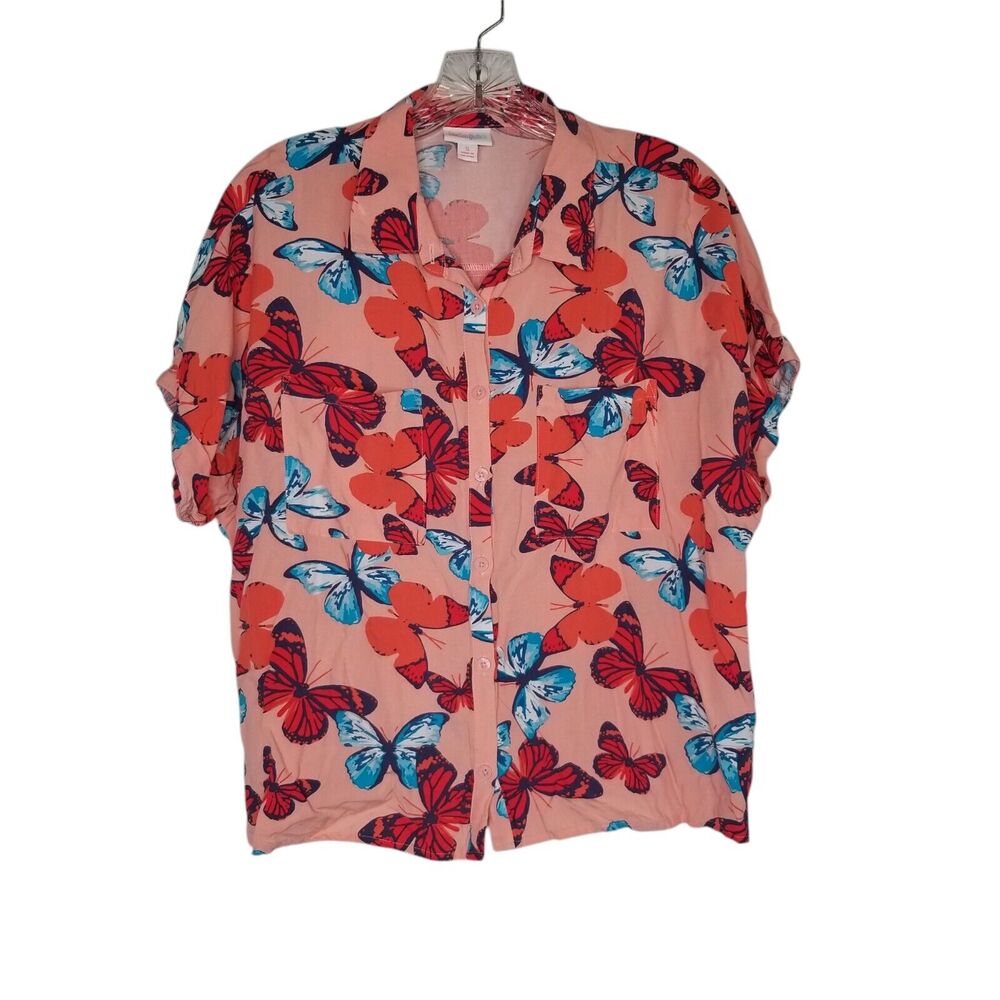 Lularoe Women's Button Up Shirt Short Sleeve Pink Blue Butterfly Small Oversized